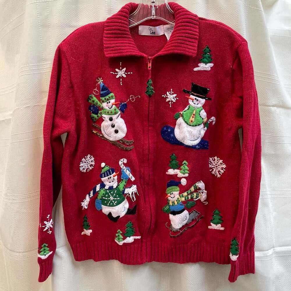 Ms. Lee Vintage Red Snowmen Zip-Up Christmas Cardigan Sweater Size M